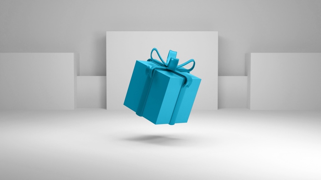 Ein 3D-generiertes Bild zeigt ein schwebendes blaues Geschenk.